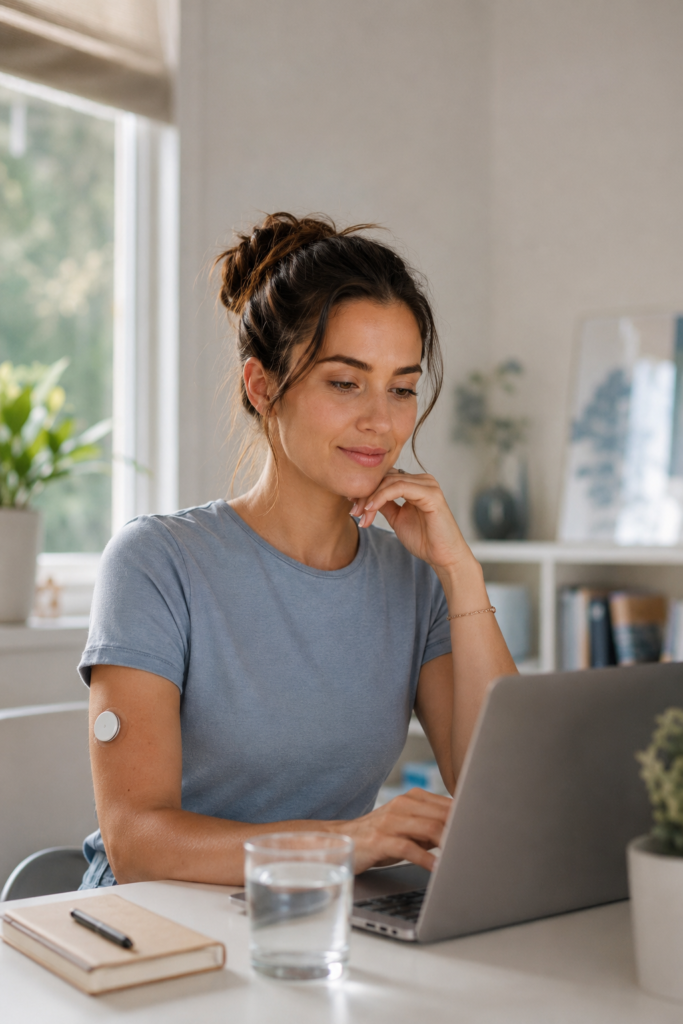 Young woman reviewing health information with a continuous glucose monitor