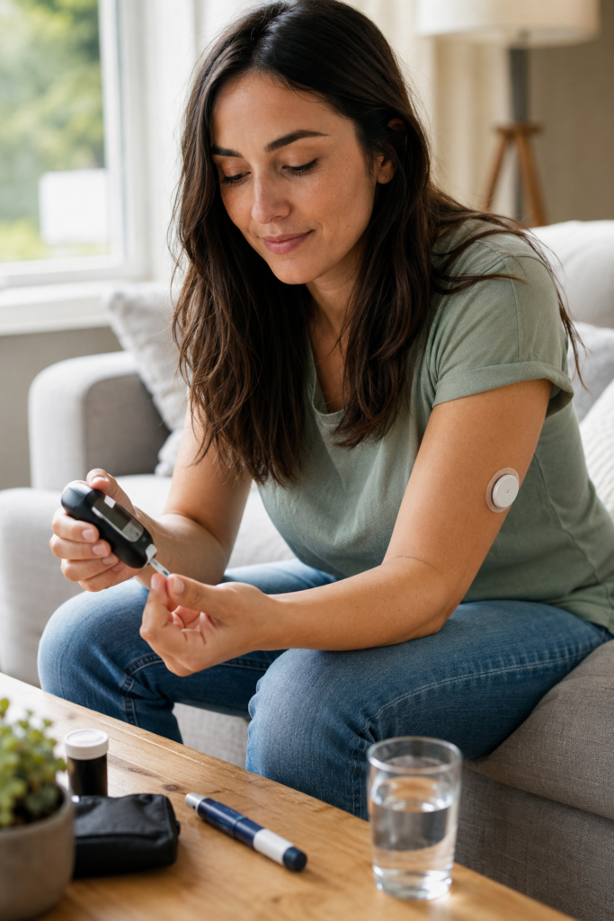 Young adult managing Type 1 Diabetes with glucose monitoring